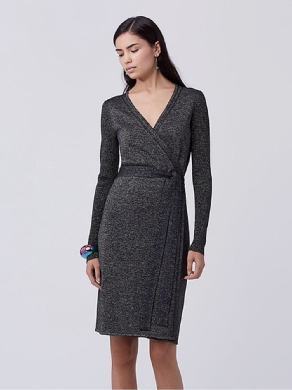 Diane von Furstenberg Evelyn Long-Sleeve Wrap Knit Dress in Charcoal Gray Size L